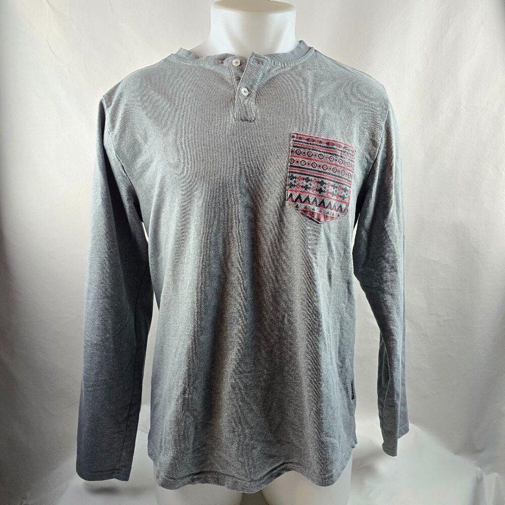 Volcom Shirt Mens Large Grey Henley Pocket Tee Geometric Aztec Skater Surf